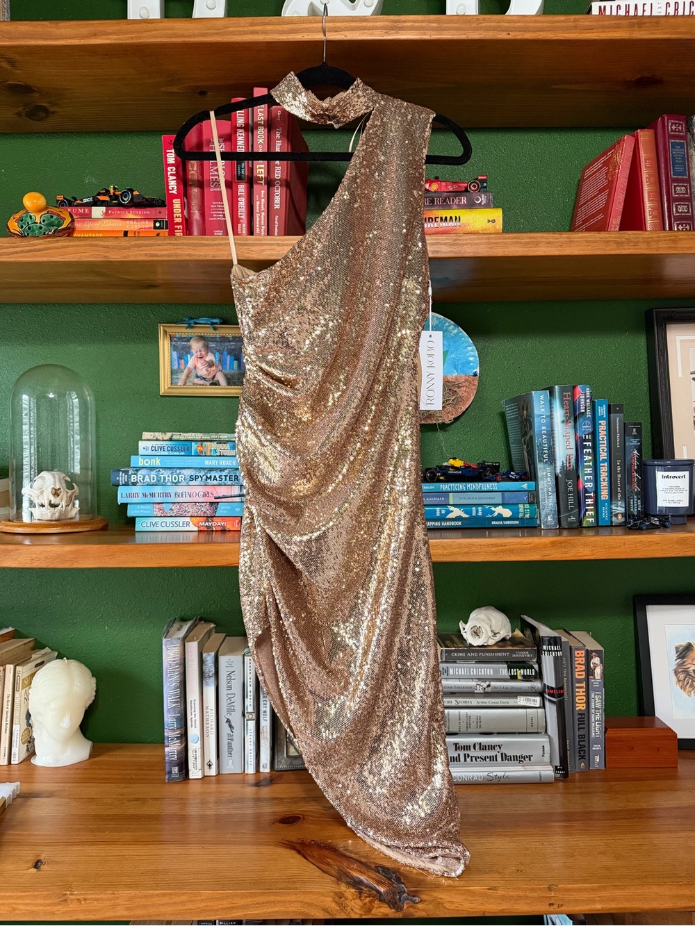 Ronny Kobo Collection Gold Sequin One-Shoulder Draped Dress